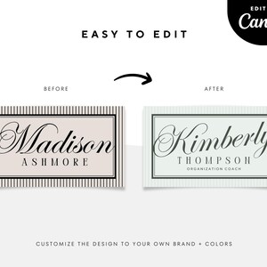 May include: An image showing a design template with the text "Madison Ashmore" and "Kimberly Thompson" in elegant script. The design is framed with vertical stripes and includes the text "Easy to Edit" and "Edit in Canva".