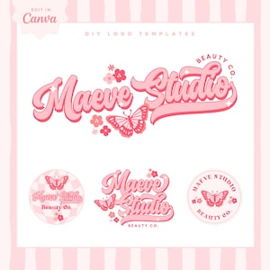 Coquette Aesthetic Logo Design Template, Butterfly Floral Monogram Logo - DIY Trendy Pink Retro Logo, Branding Canva Template, Lexi