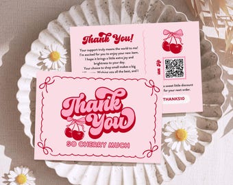 Coquette Card Thank You Card, Editable Customer Thank You Business Packaging, DIY Retro Cherry Thank You Insert QR Canva Template, Cheri