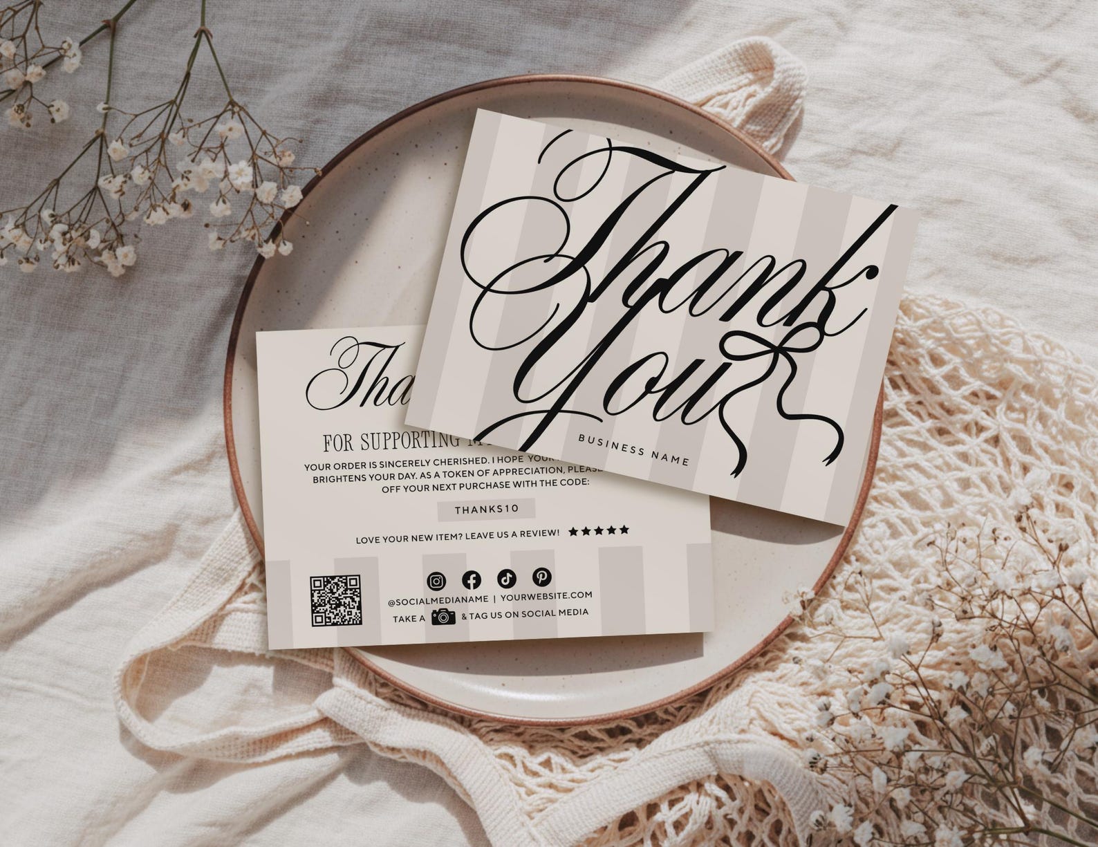 Luxury Thank You Card, Editable Elegant Stripe Customer Thank You ...