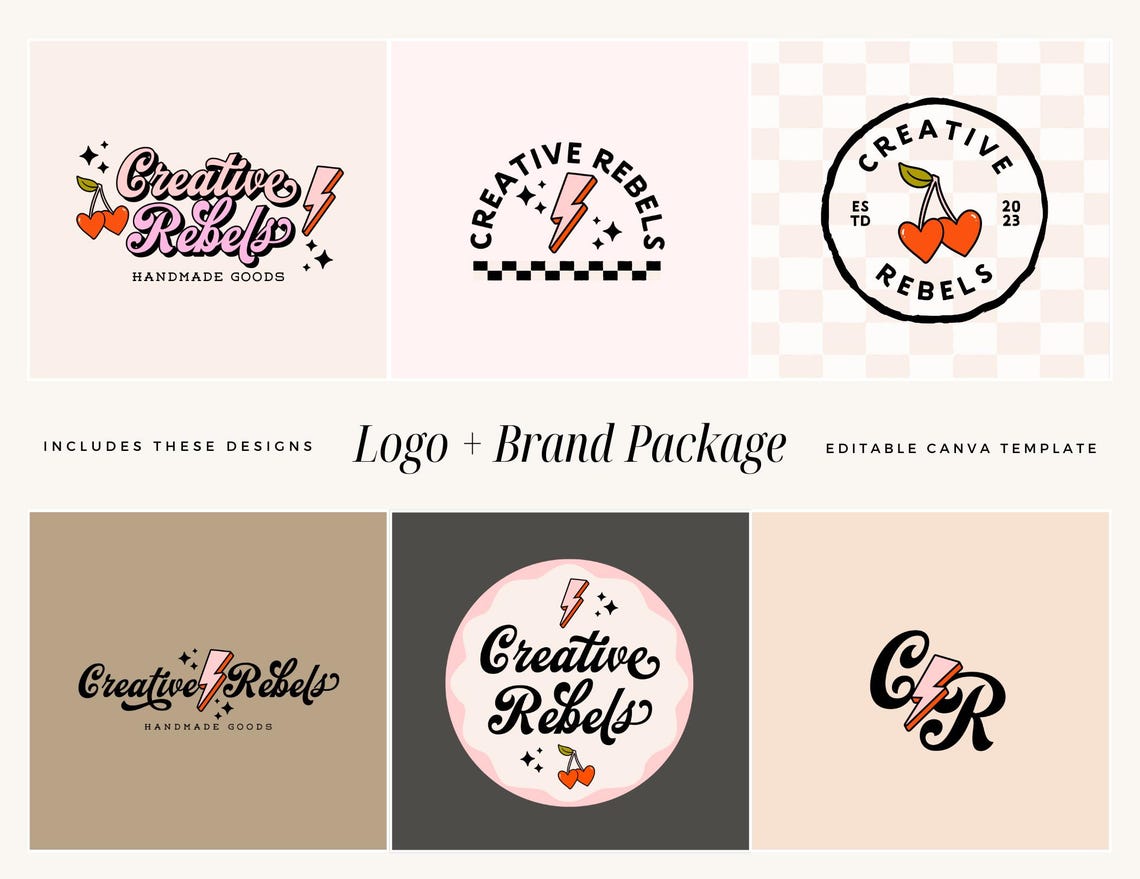 Retro Logo Design Template Canva, Cherry Stars Editable Logo Design ...