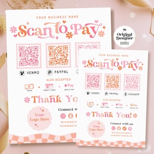 Editable Colorful Scan to Pay QR Sign, DIY Boho Printable Payment Sign, Pretty Accepted Payments Sign, Business QR Sign Canva Template, Lark