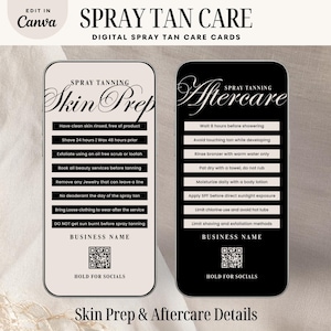 Może przedstawiać: Dwie cyfrowe karty do pielęgnacji opalania natryskowego. Jedna karta w kolorze jasnobeżowym z czarnym tekstem wyszczególnia kroki "Skin Prep". Druga czarna karta z białym tekstem zawiera instrukcje "Aftercare". Obie karty mają kod QR.