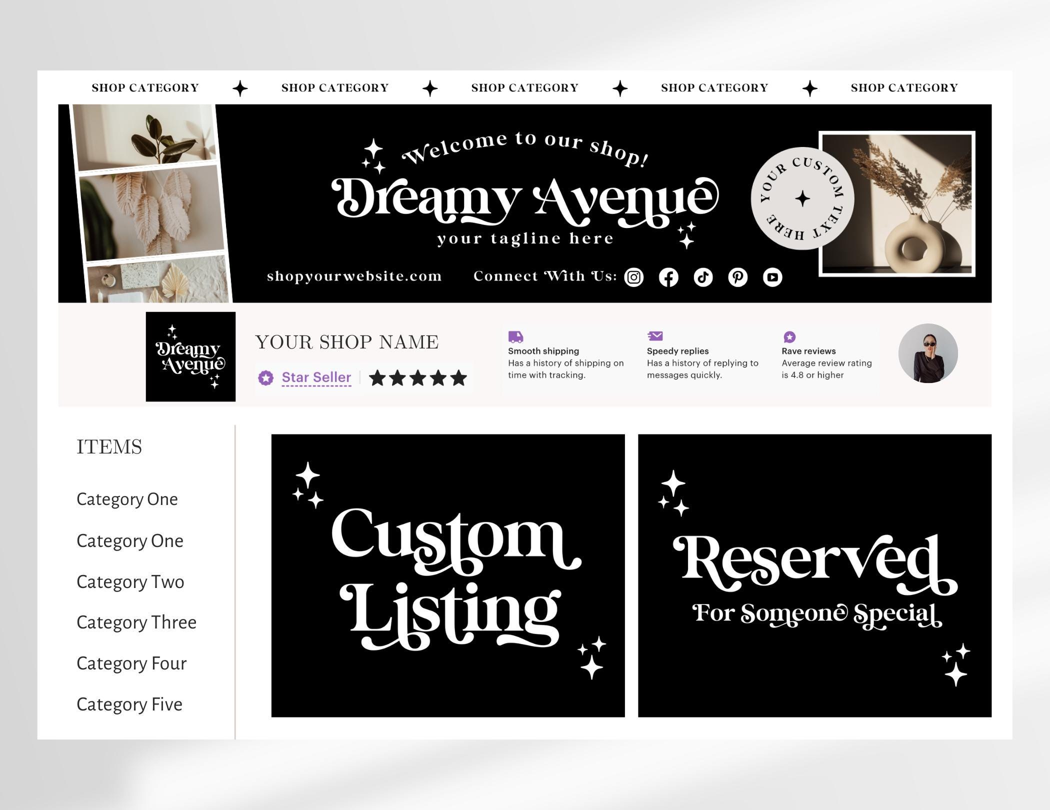 Editable Retro Etsy Shop Template Kit Canva, Modern Black and White ...