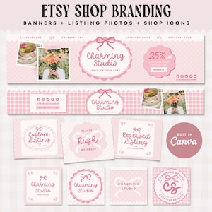 Pode incluir: Modelos de branding para lojas Etsy em rosa com o texto "ETSY SHOP BRANDING" e "BANNERS + LISTIING PHOTOS + SHOP ICONS". Inclui banners, fotos de listagens, ícones de loja e uma oferta de pacote "25% de desconto". Com o texto "Charming Studio".