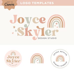 Editable Retro Rainbow Logo design Instant Download, DIY Premade Colorful 70s Boho Hippie Logo Canva Template, Boutique Logo Brand, Twine