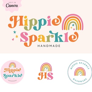 Retro Rainbow Logo Template, Editable Canva Logo Kit, Editable retro branding, Colorful Vintage-Inspired Branding for Small Business, twine