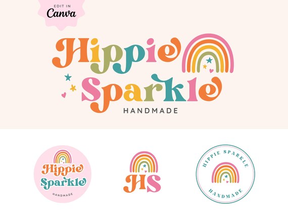 Retro Rainbow Logo Template, Editable Canva Logo Kit, Editable retro branding, Colorful Vintage-Inspired Branding for Small Business, twine