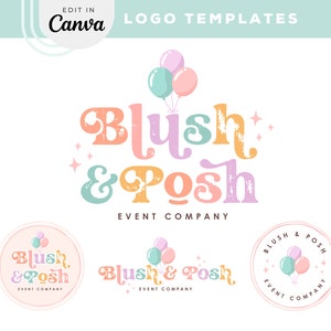 Balloon Logo Design, Editable Canva Logo Template, Cute Rainbow Event Logo for Small Business, Colorful Party brand Kit with Sparkles, Posh