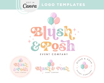 Balloon Logo Design Design, Editable Canva Logo Template, Rainbow Event Logo for Small Business, Colorful Party Logo Kit with Sparkles, Posh