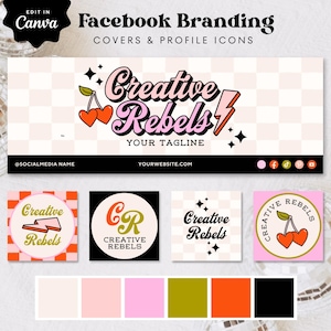 Bewerkbare retro Facebook-covercanvasjabloon, Groovy Cherries Lightning Bold Facebook-paginabanners, DIY Groovy Facebook-brandingkit, rebel