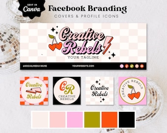 Editable Retro Facebook Cover Canva Template, Groovy Cherries Lightning Bold Facebook Page Banners, DIY Groovy Facebook Branding Kit, Rebel
