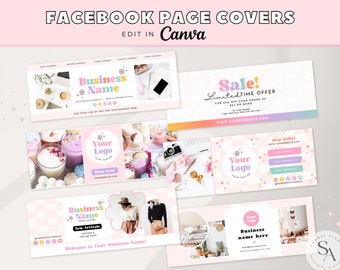 Könnte beinhalten: Vier rosa und weiße Facebook-Seitendeckelvorlagen mit Pastellfarben und Blumendesigns. Die Vorlagen enthalten Text wie "Firmenname", "Sale! Limited Time Offer", "Jetzt kaufen!" und "Willkommen auf Ihrer Unternehmensseite!"