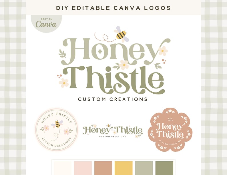 May include: Editable Canva logo templates featuring the text "Honey Thistle" with a bee and flowers. The logo is available in three different styles: a simple text logo, a logo with a bee and flowers in a circle, and a logo with a bee and flowers in a flower shape. The text "Custom Creations" is also included in the logo.