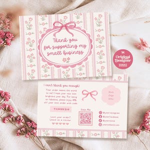Cartão de agradecimento Coquette, Embalagem comercial editável Cottagecore para agradecimento ao cliente, Modelo de QR Code vintage faça você mesmo para agradecimento no Canva, Calico