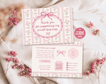 Kartka z podziękowaniami Coquette, edytowalne opakowanie firmowe Cottagecore z podziękowaniami dla klientów, szablon Canva z kodem QR do wklejania podziękowań w stylu vintage, Calico