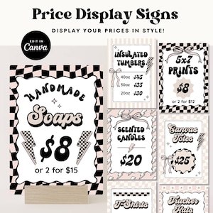 Modelo de placas de preço para impressão DIY retrô no Canva, modelo editável de placas para lojas pop-up, placas de loja com raios, cartões de exposição de preços de mercado