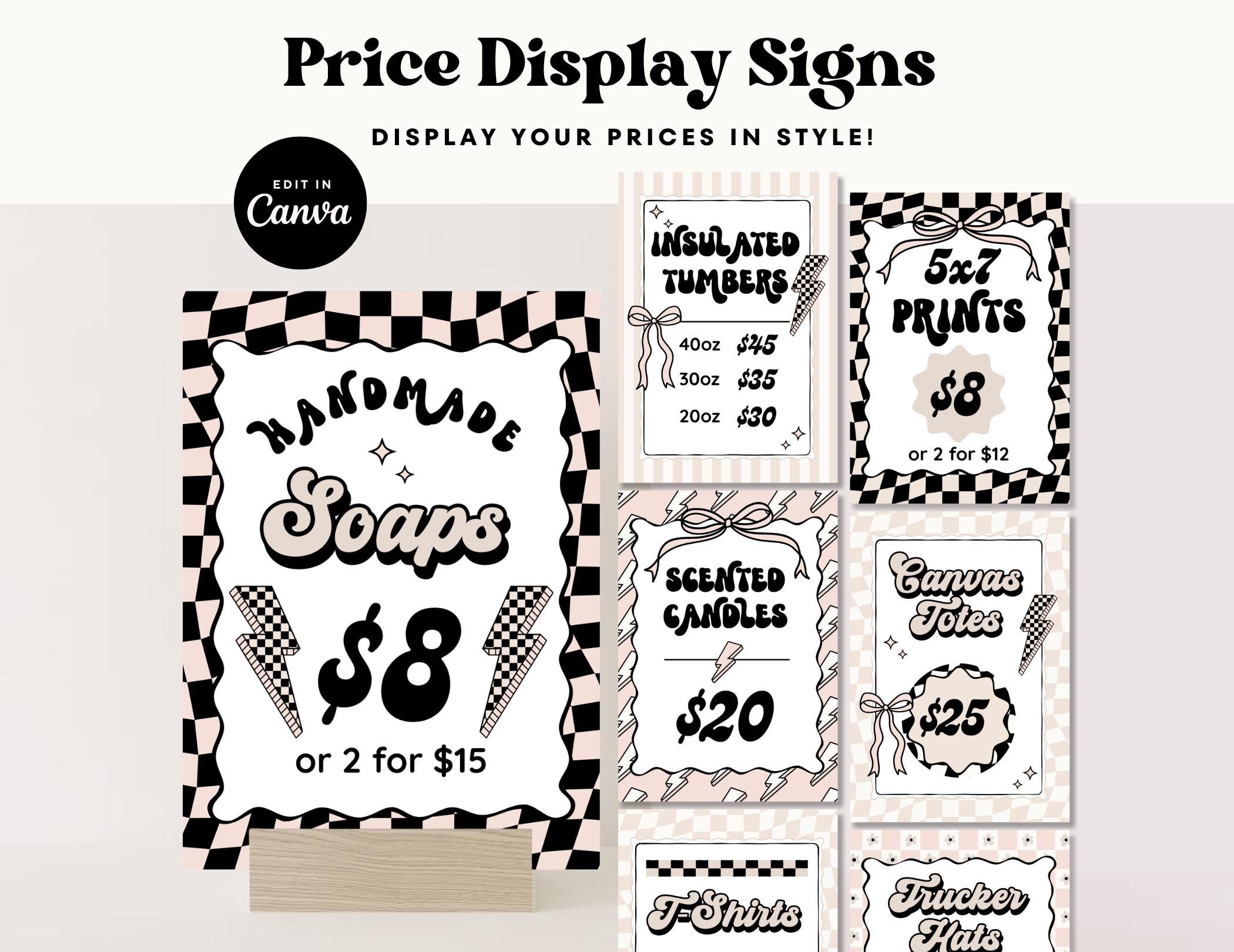 Retro DIY Printable Price Signs Canva Template, Editable Pop-Up Shop Sign template, Lightning Bolt Shop Signage, Market Price Display Cards