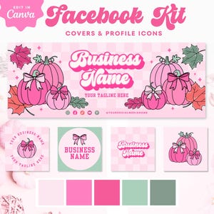 May include: A Facebook Kit design with a pink and white color scheme. The design includes a banner with pink pumpkins and the text "Business Name". Additional elements include profile icons and a color palette.