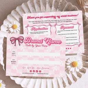 Coquette Bow False Nails Backing Card Canva Template, Pink Press On Nail Instructions Application Removal, Editable Package Insert, Cheri