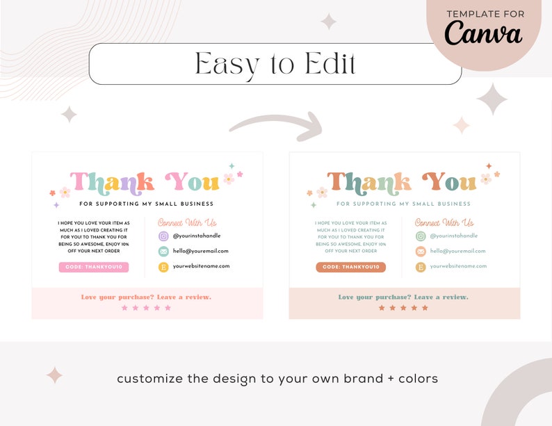 Retro Colorful Thank You Card Canva Template, Colorful Boho Small ...