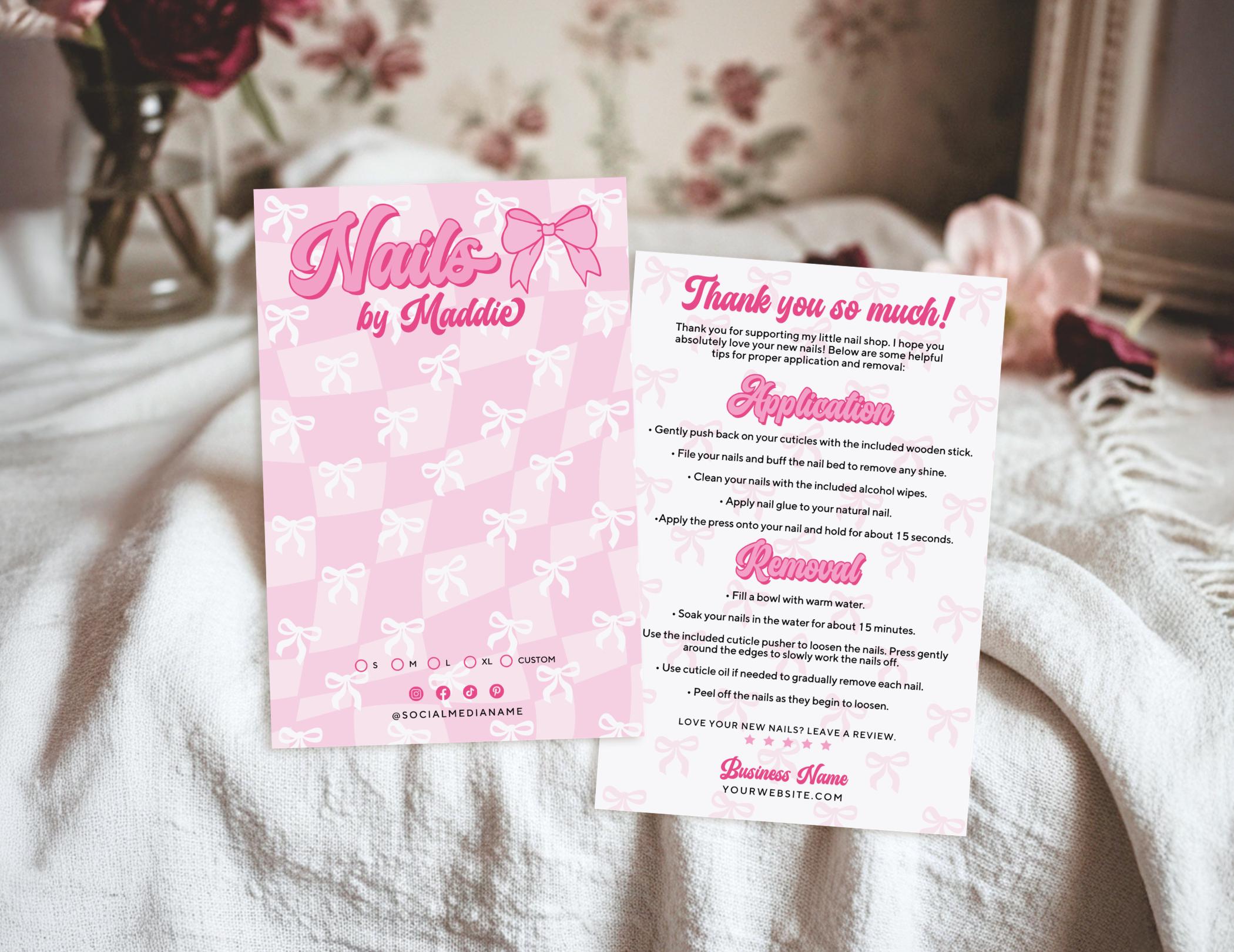 Pink Bow False Nails Backing Card Canva Template, Artificial Nails ...