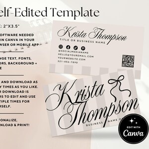 May include: A business card template with the text "Krista Thompson" in elegant script. The card is 2" x 3.5" and features a light background with vertical stripes. The design includes social media icons and a QR code. The text "Edit with Canva" is also present.