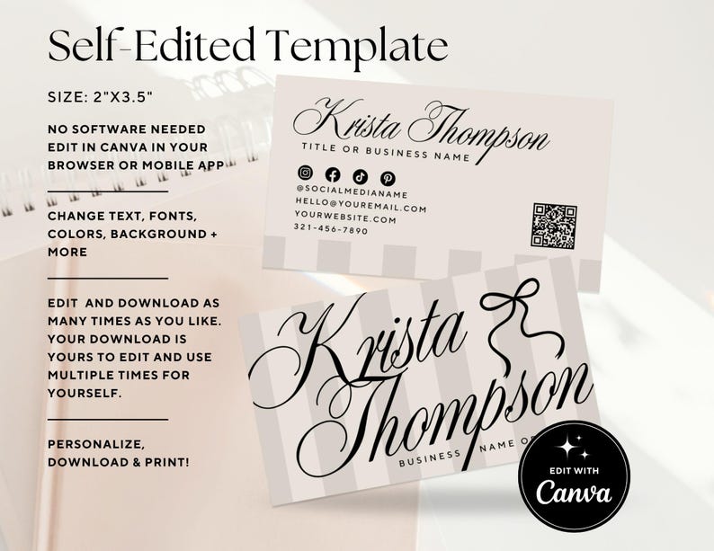 May include: A business card template with the text "Krista Thompson" in elegant script. The card is 2" x 3.5" and features a light background with vertical stripes. The design includes social media icons and a QR code. The text "Edit with Canva" is also present.