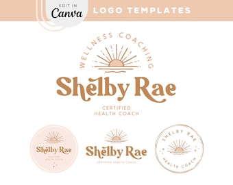 Edytowalny projekt logo retro ze słońcem do pobrania natychmiast, szablon logo Canva, zestaw logo DIY rysowanego ręcznie, zestaw logo Earthy Boho Sunshine, Shelby