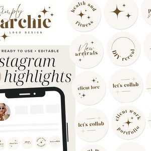 Może przedstawiać: Zestaw 30 okładek wyróżnień na Instagramie z beżowym tłem i brązowym tekstem. Okładki prezentują różne wzory, w tym gwiazdki, linie i tekst. Tekst zawiera frazy takie jak "Nowe przyjazdy", "Źródła projektów", "Portfolio prac klientów" i "Współpracujmy".