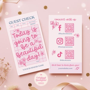 Wunderliche Verbindungskarte Canva-Vorlage, Vintage-Guest Check Style Pink Coquette Blumenmuster Schließen Sie uns an Visitenkarte, bearbeitbar 2 "x 3,5"