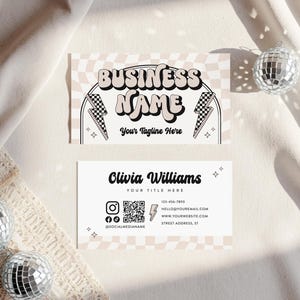 Retro-Visitenkartenvorlage Canva QR-Code, trendige Blitzschraube bearbeitbare Visitenkarte, DIY-Spaß 70er Jahre druckbare Visitenkartenvorlage
