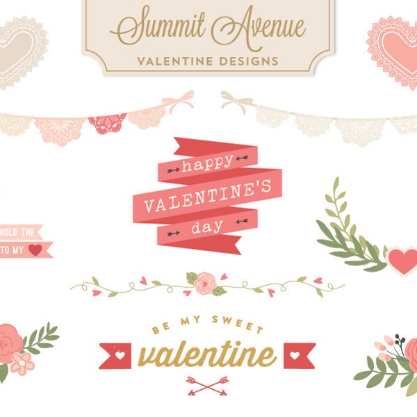 Valentine Design Bundle florals & Lace Bunting, Valentines Clipart, Valentine flower graphics, Hearts Laurels + crochet PNG files