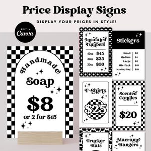 Modelo de placas de preço para impressão DIY retrô Canva, modelo de placa de loja pop-up editável, sinalização de loja moderna, cartões de exibição de preço de mercado, Chloe