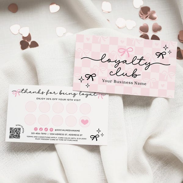 Coquette Pink Bow Loyalty Card Canva Template | Elegant Customer Rewards Visit Stamp Punch Card | Feminine Small Business Branding, Silk