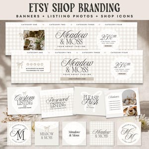 Puede incluir: Un kit de branding digital para tienda Etsy que incluye banners, fotos de listados e iconos de tienda con un patrón de cuadros vichy beige. Los diseños incluyen texto como Meadow & Moss, Custom Listing, Reserved Listing y Please Rush con tipografía.