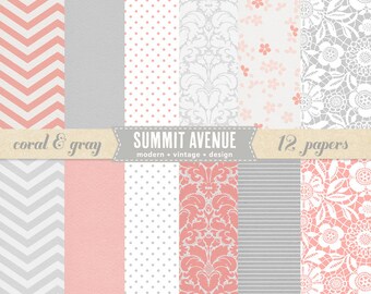 digital scrapbook paper pack - 12 coral & gray modern designs Personal or Photographer Use