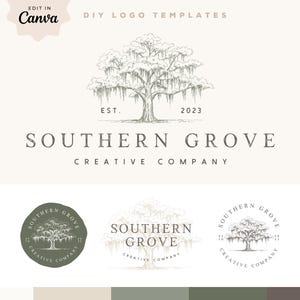 May include: A logo design template featuring a detailed illustration of a large tree with hanging moss, labeled "SOUTHERN GROVE CREATIVE COMPANY." Includes variations in circular and rectangular formats, with the text "EDIT IN Canva" at the top.