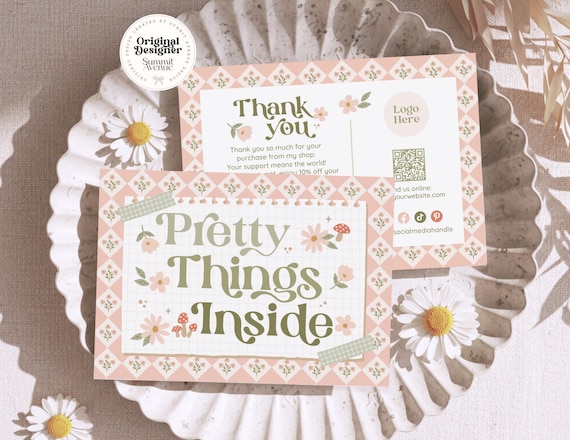 Cottagecore Thank You Card, Editable Customer Thank You Business Packaging, DIY Mushroom Daisy Thank You Insert QR Canva Template, Florest