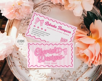Coquette Business Card Template Canva QR Code, Trendy Checker Bow Business Branding, Whimsical Feminine Editable Business Card Template Lexi
