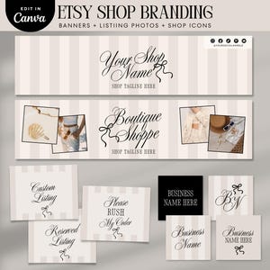 Puede incluir: Plantillas de marca para tiendas Etsy con banners, fotos de listados e iconos de tienda. Incluye plantillas con texto como "Your Shop Name", "Boutique Shoppe", "Custom Listing" y "Business Name Here". El diseño presenta una paleta de colores neutros.
