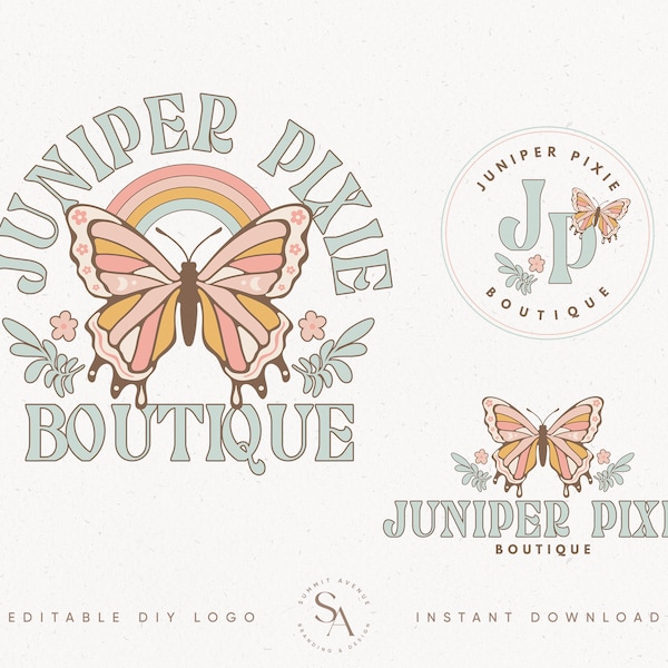 Bearbeitbares Retro Schmetterling Design Instant Download, DIY Boho Retro 70er Blumen Hippie Branding, Boutique Blog oder Fotografie Logo Set - Pixie