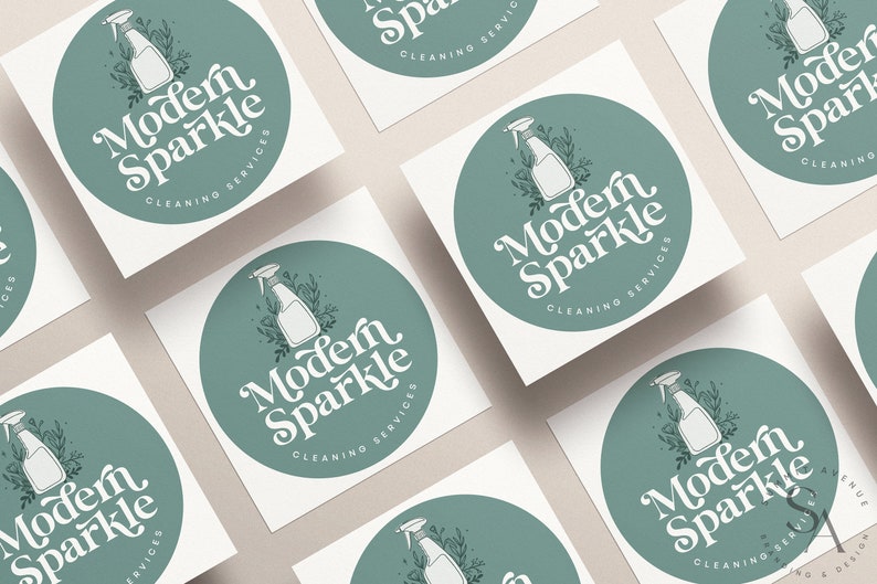 May include: Multiple square stickers with a green circle design. The circle features a white outline and a stylized illustration of a spray bottle with leaves. The text "Modern Sparkle Cleaning Services" is written in a white cursive font.