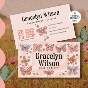 Retro Schmetterling Visitenkarte Vorlage Canva, trendige QR-Visitenkarte, bearbeitbare Verbindungskarte, DIY kleine Visitenkarte, lustige Visitenkarte, Lyn