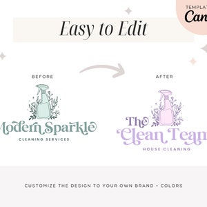 May include: A before and after graphic showing two cleaning service logos. The first logo is for "Modern Sparkle Cleaning Services" and features a green spray bottle with floral accents. The second logo is for "The Clean Team House Cleaning" and features a purple spray bottle with floral accents.