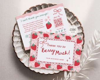 Coquette Business Thank You Card Canva Template, Cute Editable Strawberry Customer QR code Thank You, Trendy pink Business Packaging Insert