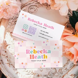Retro Colorful Business Card Canva Template | Pink Checker Floral QR Code Card | Editable Small Business Printable Marketing Design, Becka