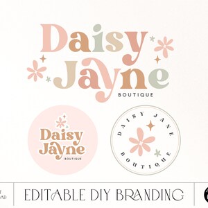 DIY Retro Floral Daisy Logo design Instant Download, Premade Colorful flower Boho Hippie Boutique Logo, blogger Photography Brand - Twine