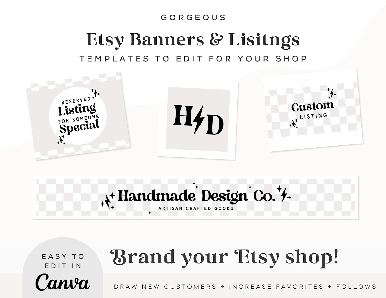 Editable Modern Retro Etsy Shop Template Kit Canva, Black and White ...