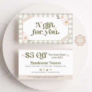 Modelo de cartão de cupom Cottagecore, modelo de cupom editável Canva, cartão promocional para impressão, cartão de desconto floral para pequenas empresas, Florest